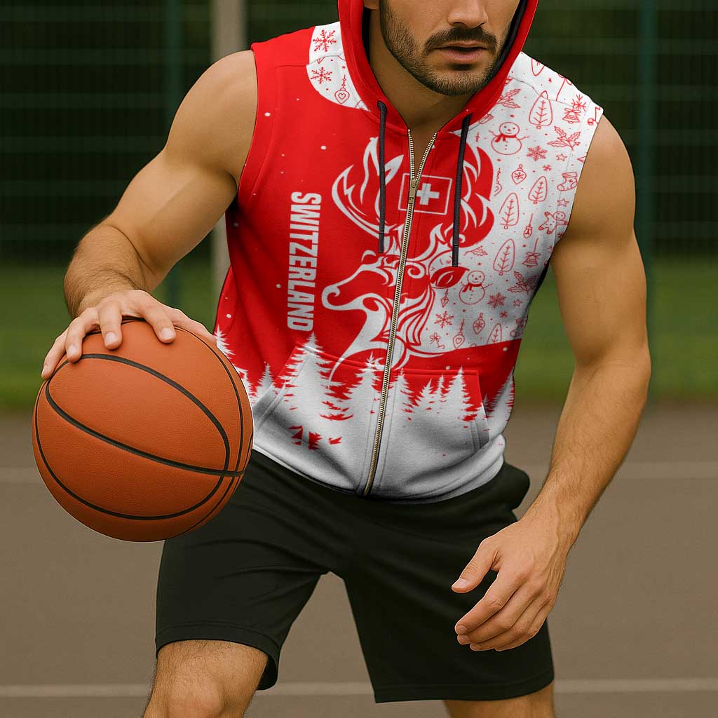 Switzerland Christmas Sleeveless Zip Hoodie with Red Reindeer Snow Forest and Holiday Icon - Wonder Print Shop