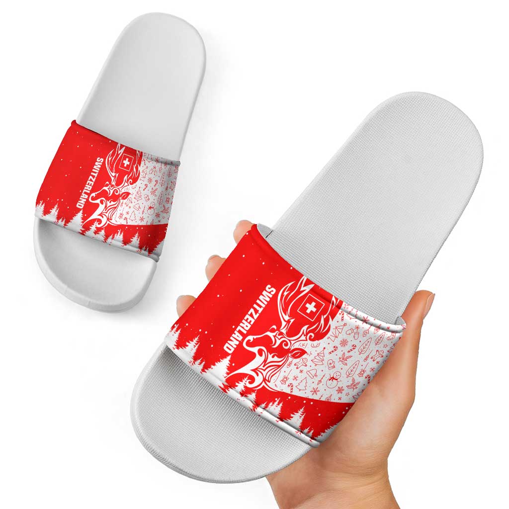 Switzerland Christmas Slide Sandals with Red Reindeer Snow Forest and Holiday Icon - Wonder Print Shop