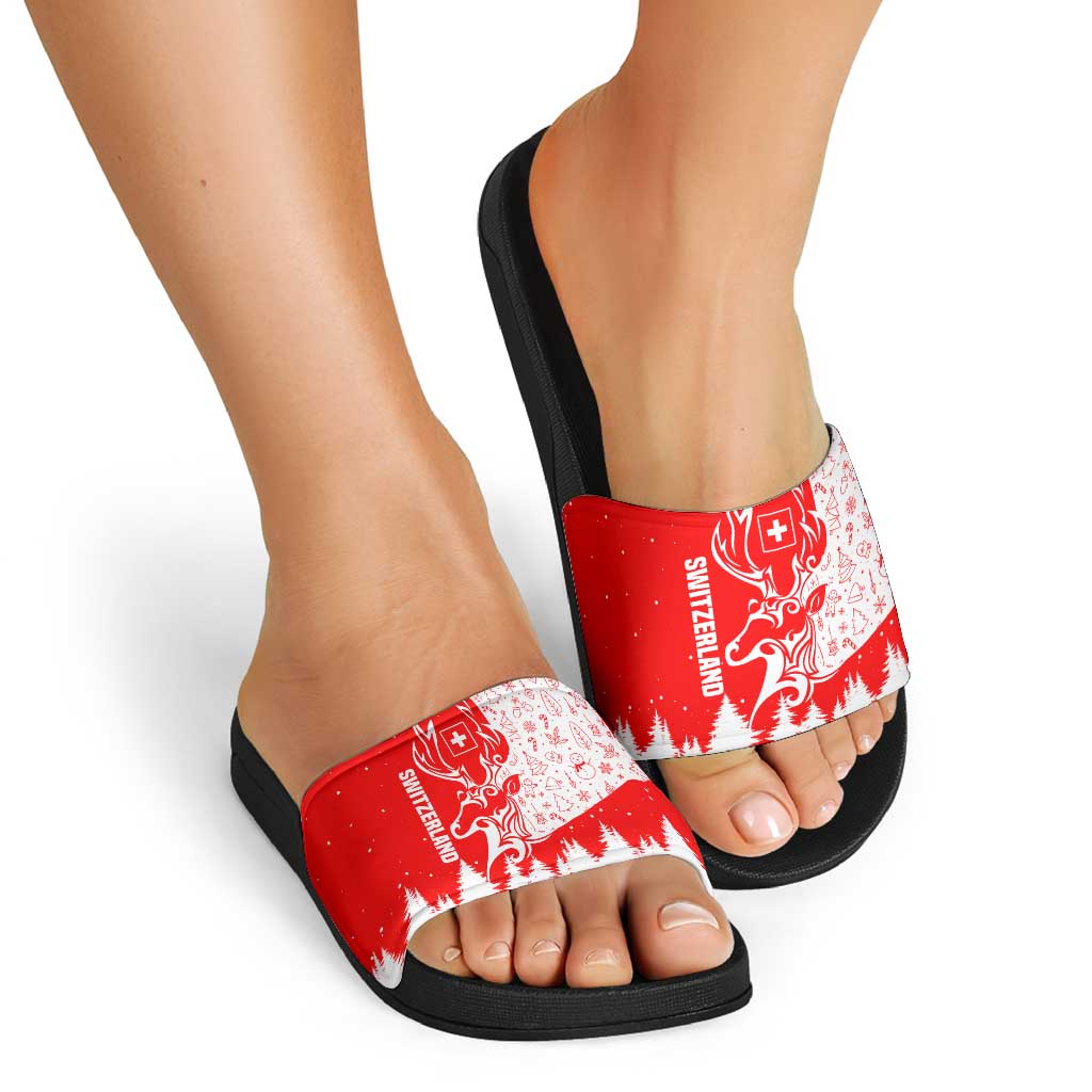 Switzerland Christmas Slide Sandals with Red Reindeer Snow Forest and Holiday Icon - Wonder Print Shop
