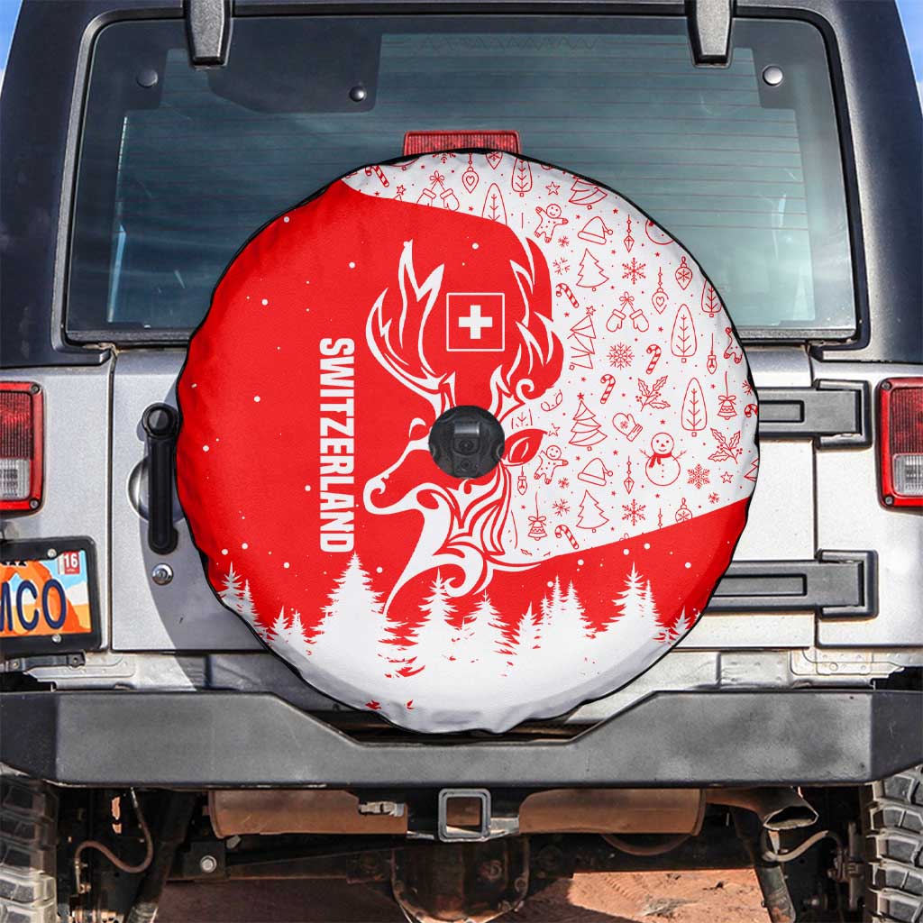 Switzerland Christmas Spare Tire Cover with Red Reindeer Snow Forest and Holiday Icon - Wonder Print Shop