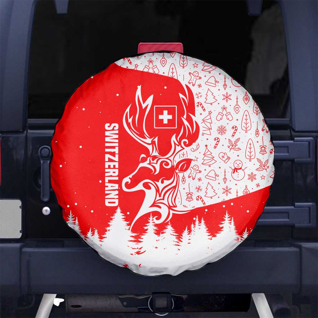 Switzerland Christmas Spare Tire Cover with Red Reindeer Snow Forest and Holiday Icon - Wonder Print Shop