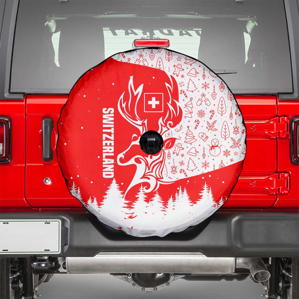 Switzerland Christmas Spare Tire Cover with Red Reindeer Snow Forest and Holiday Icon - Wonder Print Shop