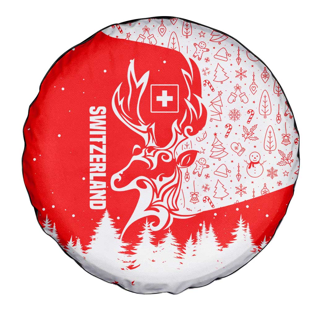 Switzerland Christmas Spare Tire Cover with Red Reindeer Snow Forest and Holiday Icon - Wonder Print Shop