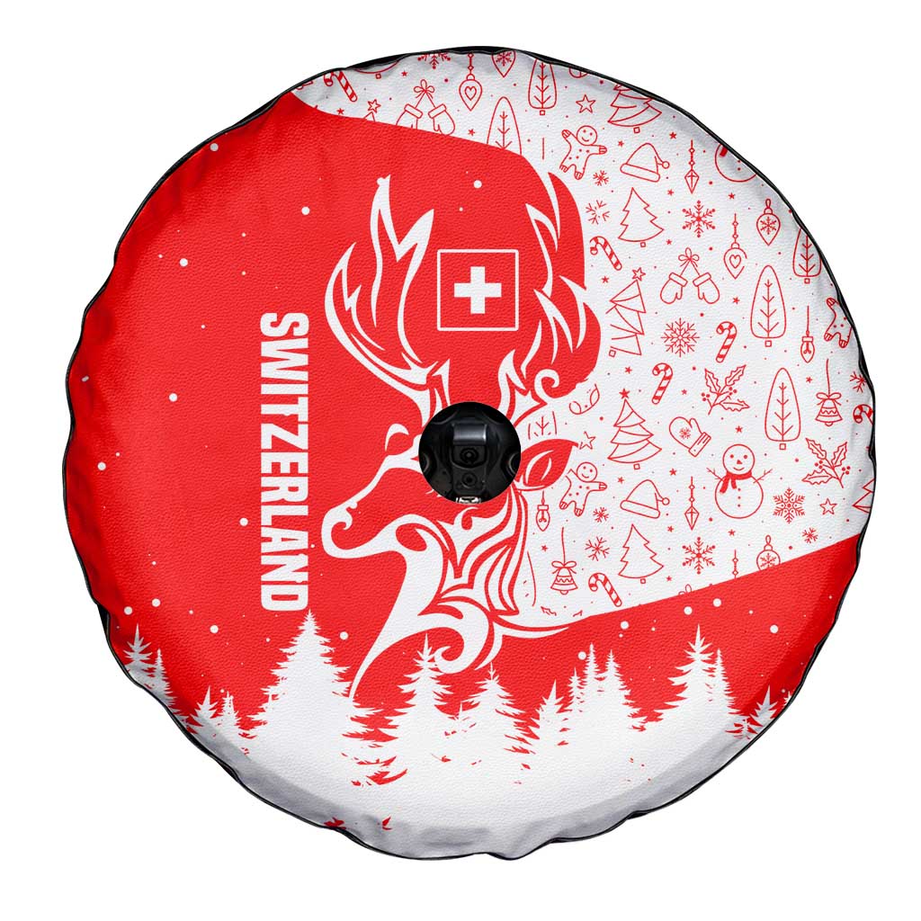 Switzerland Christmas Spare Tire Cover with Red Reindeer Snow Forest and Holiday Icon - Wonder Print Shop