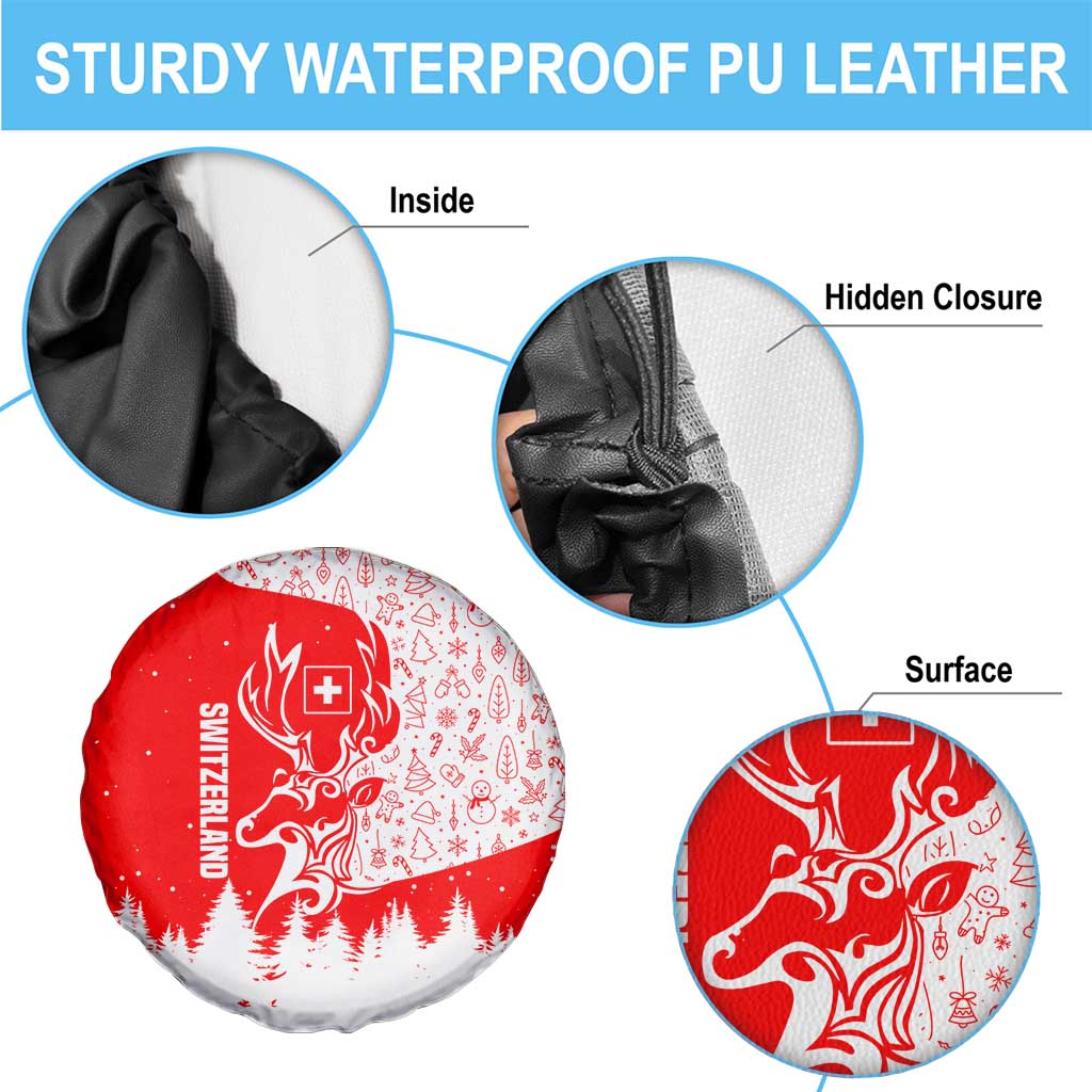 Switzerland Christmas Spare Tire Cover with Red Reindeer Snow Forest and Holiday Icon - Wonder Print Shop