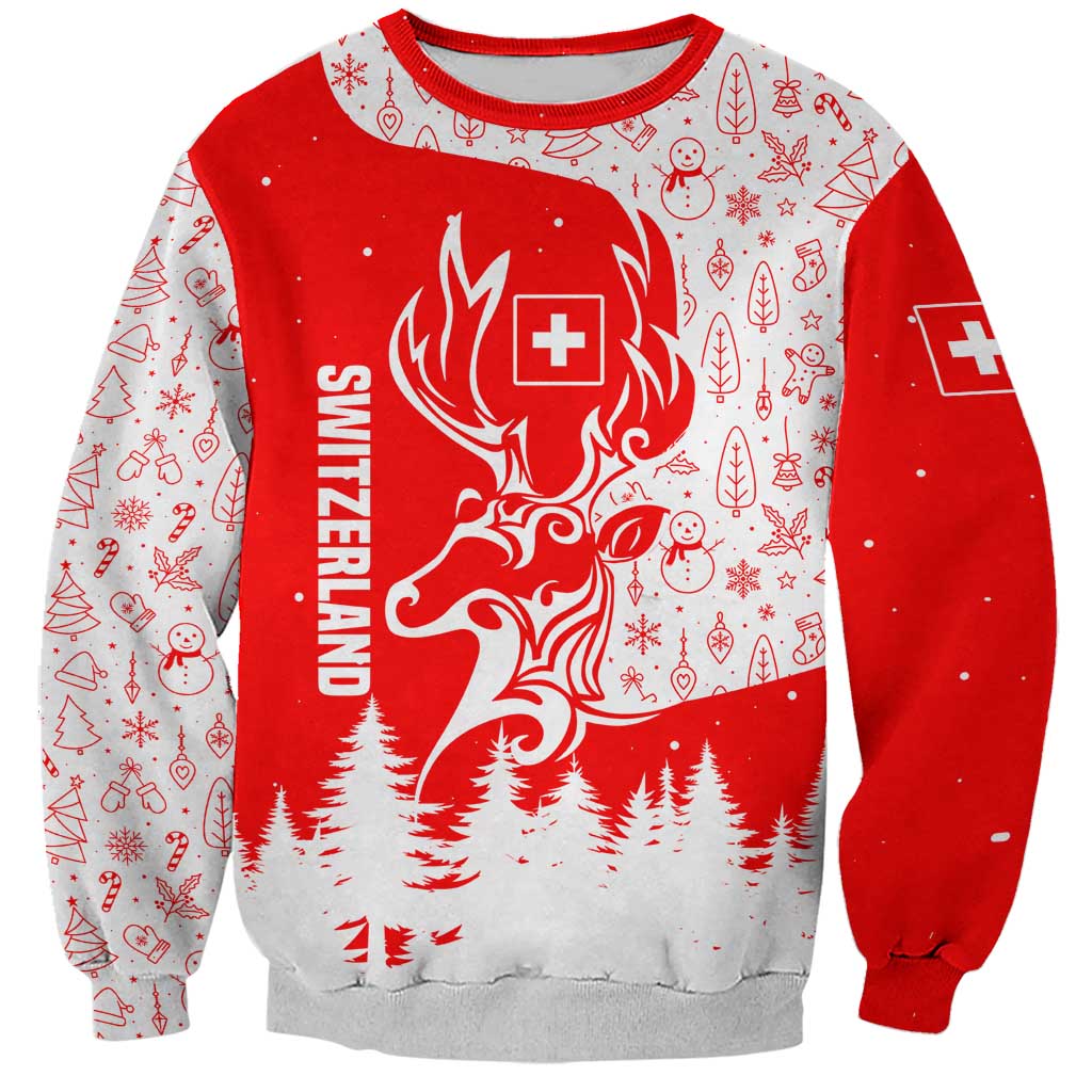 Switzerland Christmas Sweatshirt with Red Reindeer Snow Forest and Holiday Icon - Wonder Print Shop
