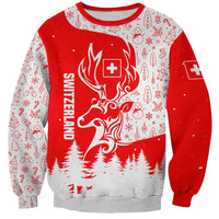 Switzerland Christmas Sweatshirt with Red Reindeer Snow Forest and Holiday Icon - Wonder Print Shop