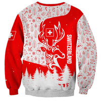 Switzerland Christmas Sweatshirt with Red Reindeer Snow Forest and Holiday Icon - Wonder Print Shop