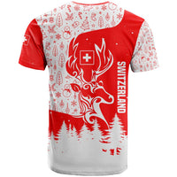 Switzerland Christmas T Shirt with Red Reindeer Snow Forest and Holiday Icon - Wonder Print Shop