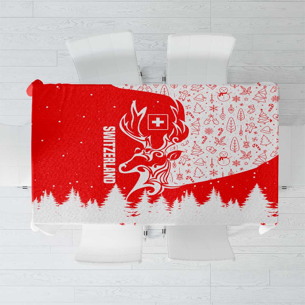 Switzerland Christmas Tablecloth with Red Reindeer Snow Forest and Holiday Icon - Wonder Print Shop