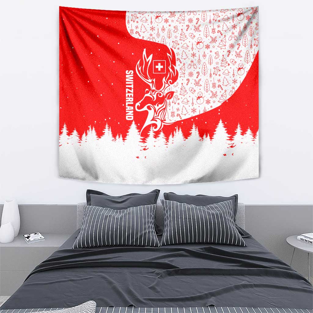 Switzerland Christmas Tapestry with Red Reindeer Snow Forest and Holiday Icon - Wonder Print Shop