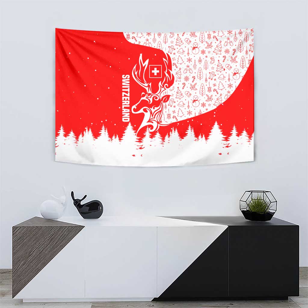 Switzerland Christmas Tapestry with Red Reindeer Snow Forest and Holiday Icon - Wonder Print Shop