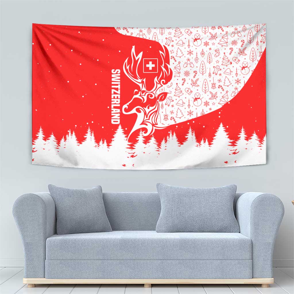 Switzerland Christmas Tapestry with Red Reindeer Snow Forest and Holiday Icon - Wonder Print Shop