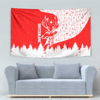 Switzerland Christmas Tapestry with Red Reindeer Snow Forest and Holiday Icon - Wonder Print Shop
