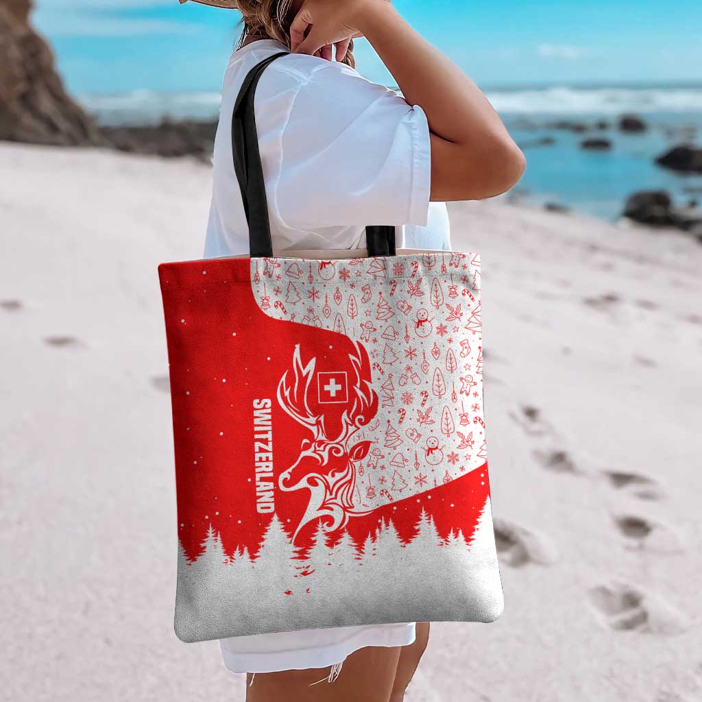 Switzerland Christmas Tote Bag with Red Reindeer Snow Forest and Holiday Icon - Wonder Print Shop