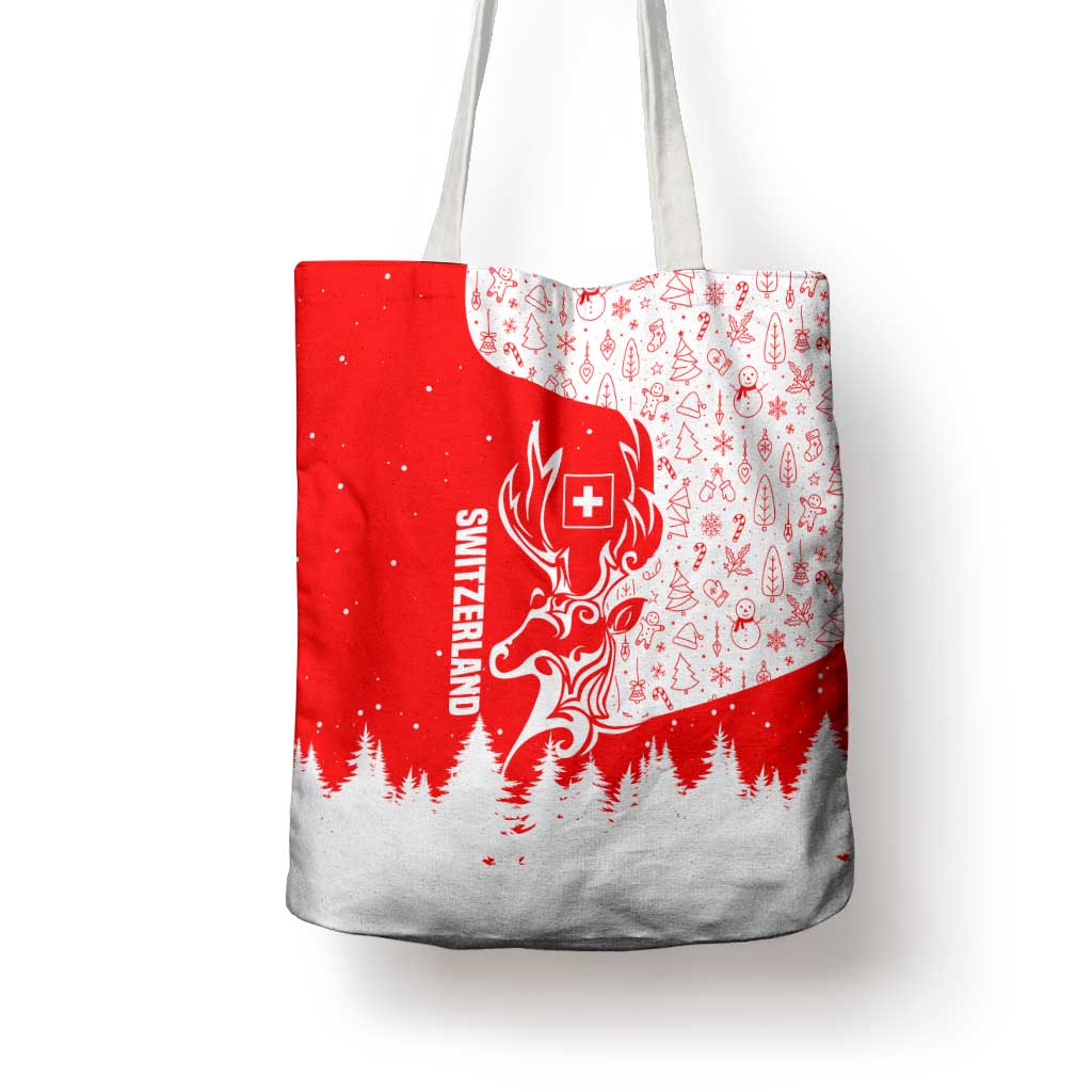 Switzerland Christmas Tote Bag with Red Reindeer Snow Forest and Holiday Icon - Wonder Print Shop
