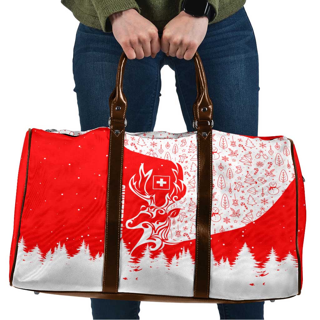 Switzerland Christmas Travel Bag with Red Reindeer Snow Forest and Holiday Icon - Wonder Print Shop