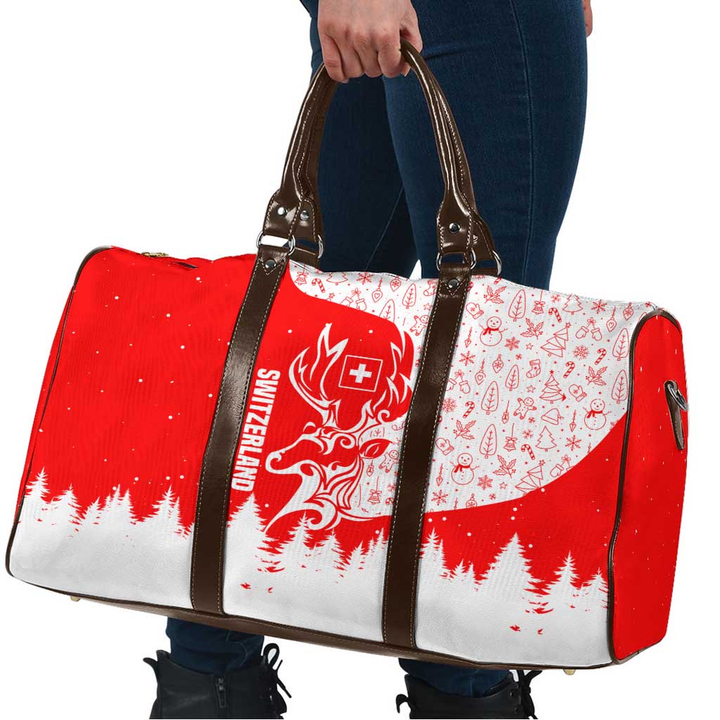 Switzerland Christmas Travel Bag with Red Reindeer Snow Forest and Holiday Icon - Wonder Print Shop