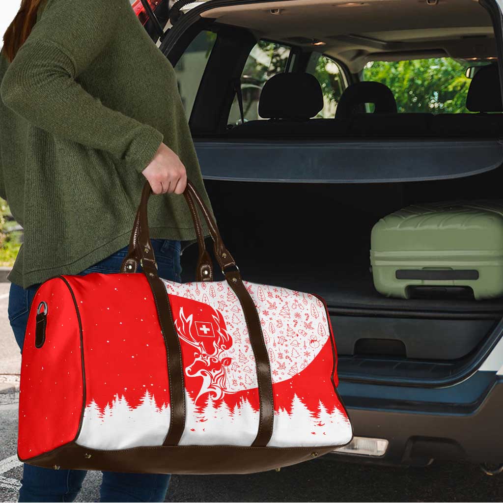 Switzerland Christmas Travel Bag with Red Reindeer Snow Forest and Holiday Icon - Wonder Print Shop