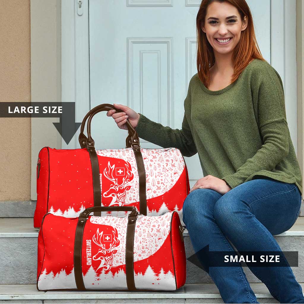 Switzerland Christmas Travel Bag with Red Reindeer Snow Forest and Holiday Icon - Wonder Print Shop