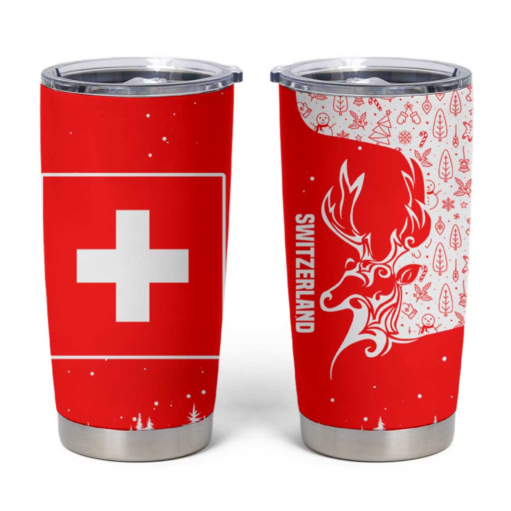 Switzerland Christmas Tumbler Cup with Red Reindeer Snow Forest and Holiday Icon - Wonder Print Shop