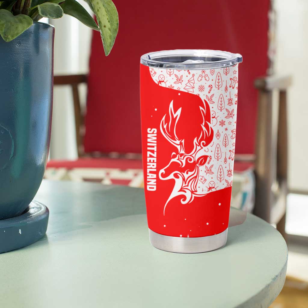 Switzerland Christmas Tumbler Cup with Red Reindeer Snow Forest and Holiday Icon - Wonder Print Shop