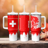 Switzerland Christmas Tumbler With Handle with Red Reindeer Snow Forest and Holiday Icon - Wonder Print Shop