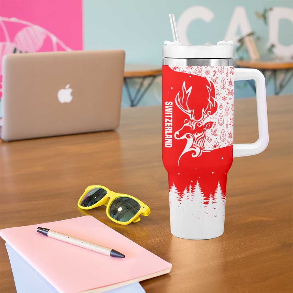 Switzerland Christmas Tumbler With Handle with Red Reindeer Snow Forest and Holiday Icon - Wonder Print Shop