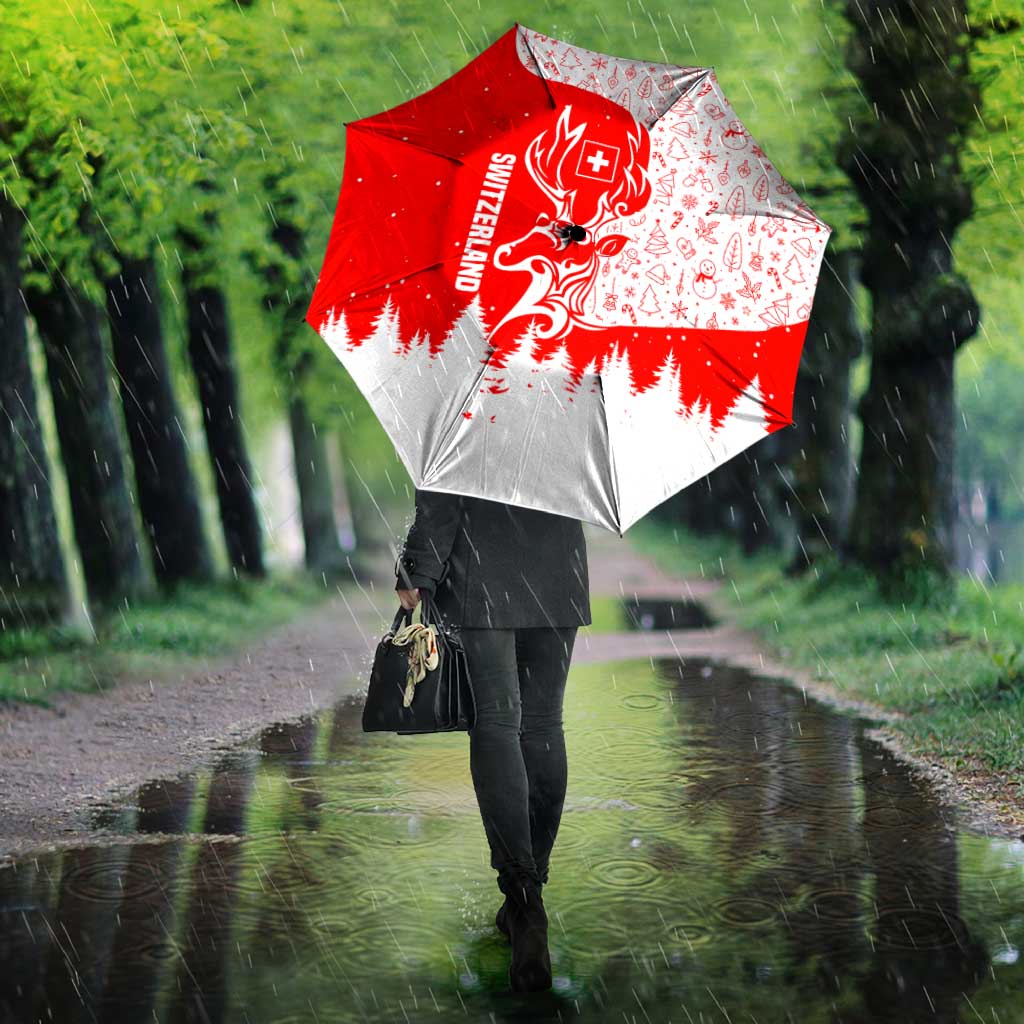 Switzerland Christmas Umbrella with Red Reindeer Snow Forest and Holiday Icon - Wonder Print Shop