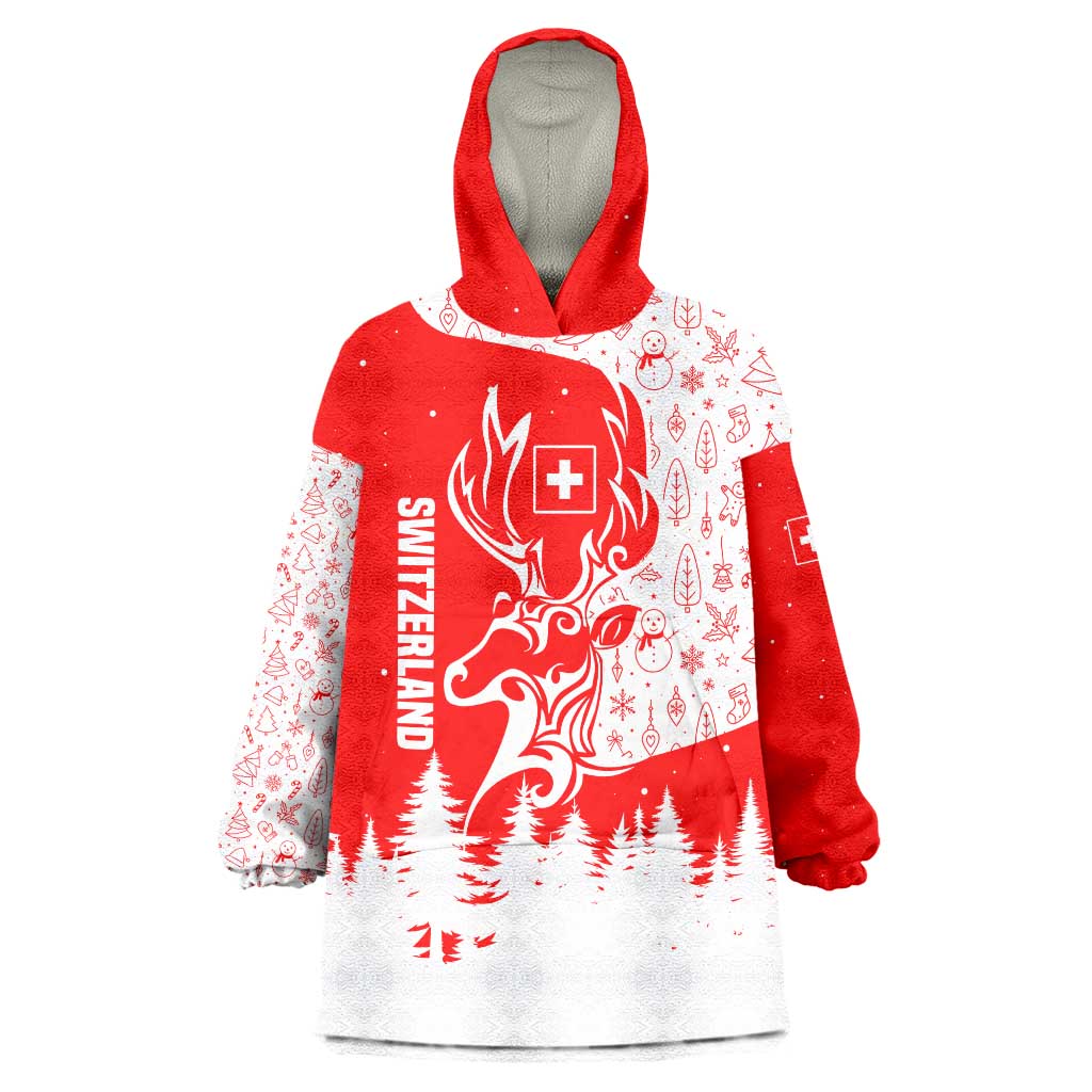 Switzerland Christmas Wearable Blanket Hoodie with Red Reindeer Snow Forest and Holiday Icon - Wonder Print Shop