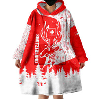 Switzerland Christmas Wearable Blanket Hoodie with Red Reindeer Snow Forest and Holiday Icon - Wonder Print Shop