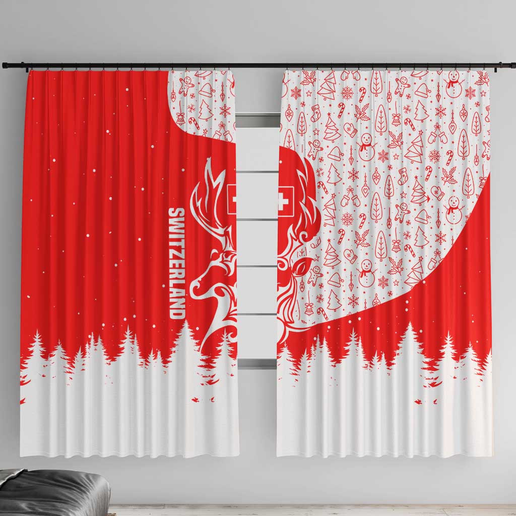 Switzerland Christmas Window Curtain with Red Reindeer Snow Forest and Holiday Icon - Wonder Print Shop