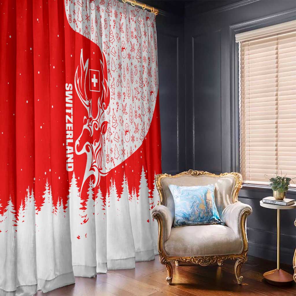 Switzerland Christmas Window Curtain with Red Reindeer Snow Forest and Holiday Icon - Wonder Print Shop