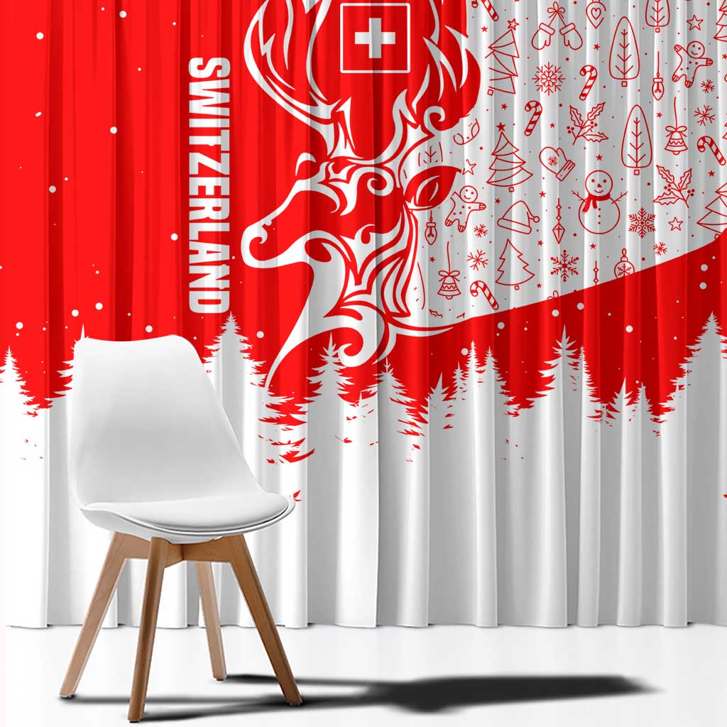 Switzerland Christmas Window Curtain with Red Reindeer Snow Forest and Holiday Icon - Wonder Print Shop