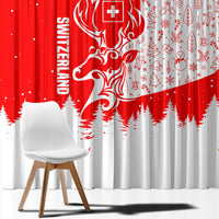 Switzerland Christmas Window Curtain with Red Reindeer Snow Forest and Holiday Icon - Wonder Print Shop