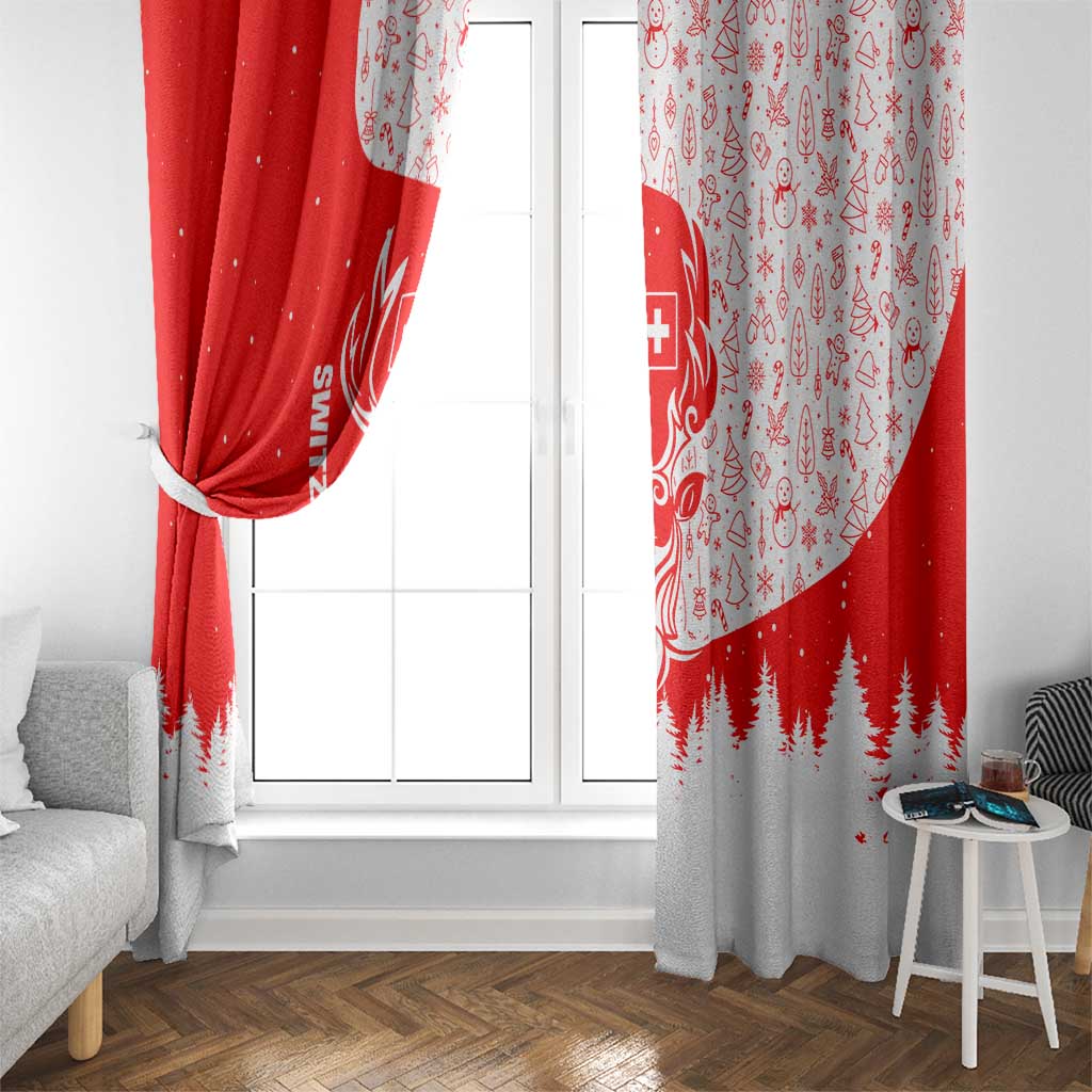 Switzerland Christmas Window Curtain with Red Reindeer Snow Forest and Holiday Icon - Wonder Print Shop