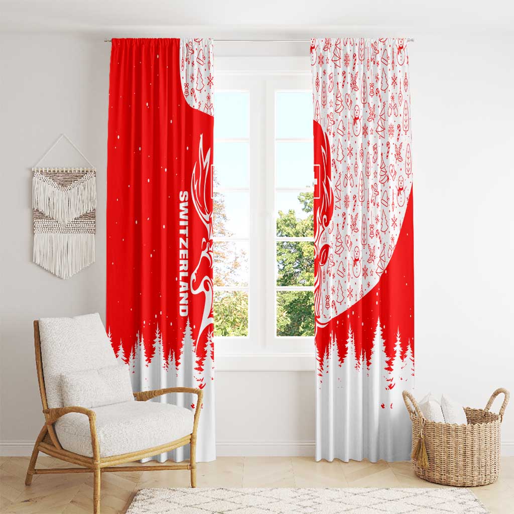Switzerland Christmas Window Curtain with Red Reindeer Snow Forest and Holiday Icon - Wonder Print Shop