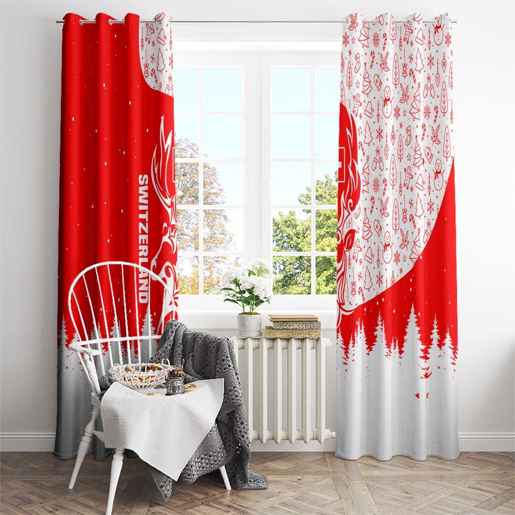 Switzerland Christmas Window Curtain with Red Reindeer Snow Forest and Holiday Icon - Wonder Print Shop