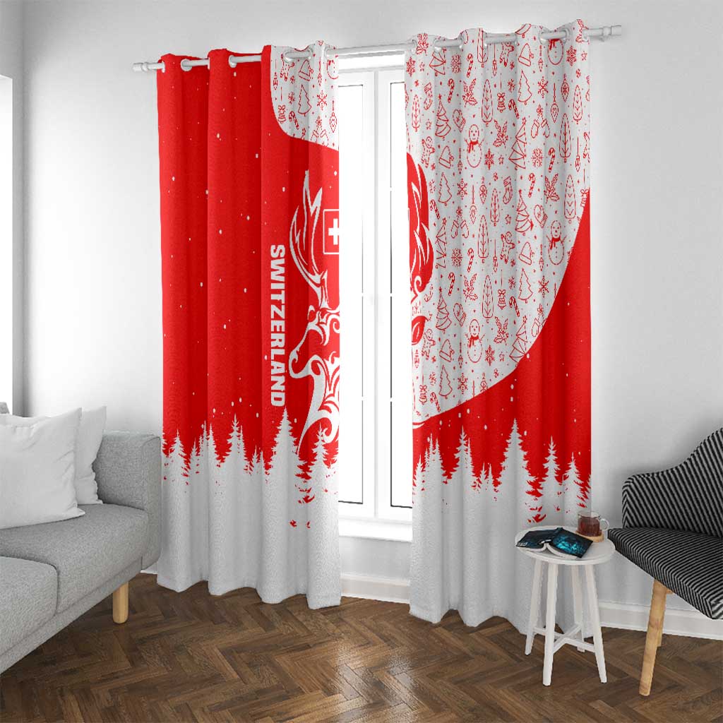 Switzerland Christmas Window Curtain with Red Reindeer Snow Forest and Holiday Icon - Wonder Print Shop