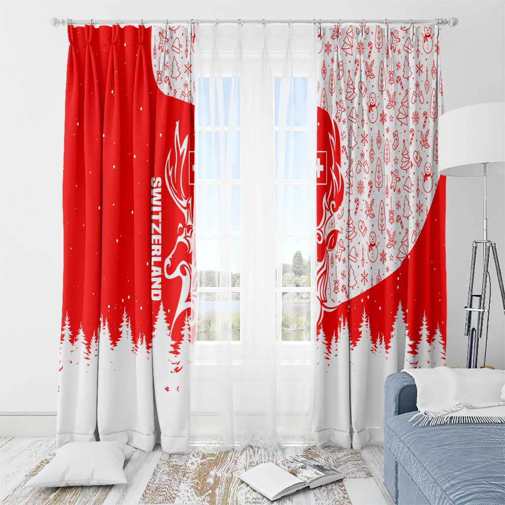 Switzerland Christmas Window Curtain with Red Reindeer Snow Forest and Holiday Icon - Wonder Print Shop