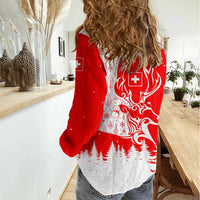 Switzerland Christmas Women Casual Shirt with Red Reindeer Snow Forest and Holiday Icon - Wonder Print Shop