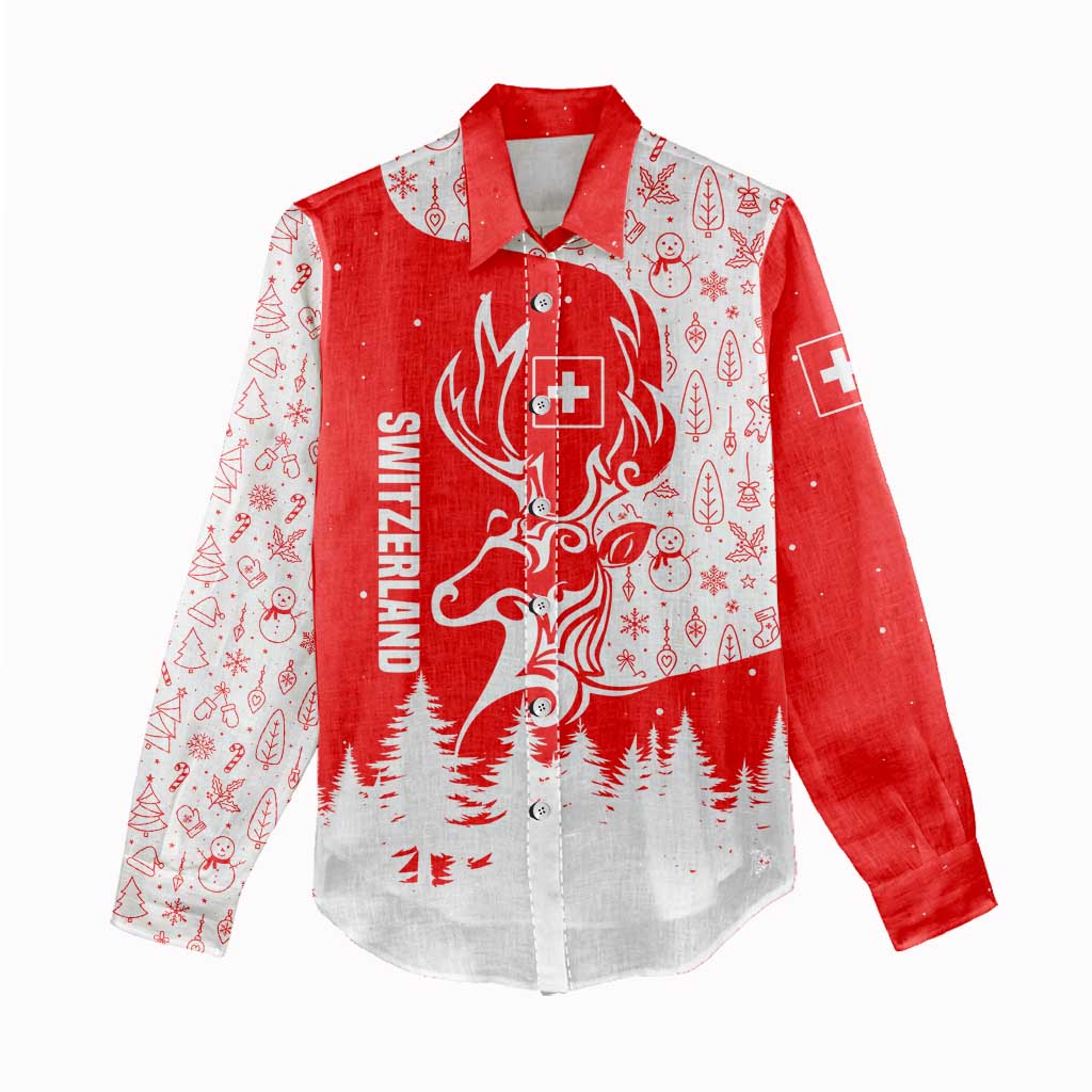 Switzerland Christmas Women Casual Shirt with Red Reindeer Snow Forest and Holiday Icon - Wonder Print Shop
