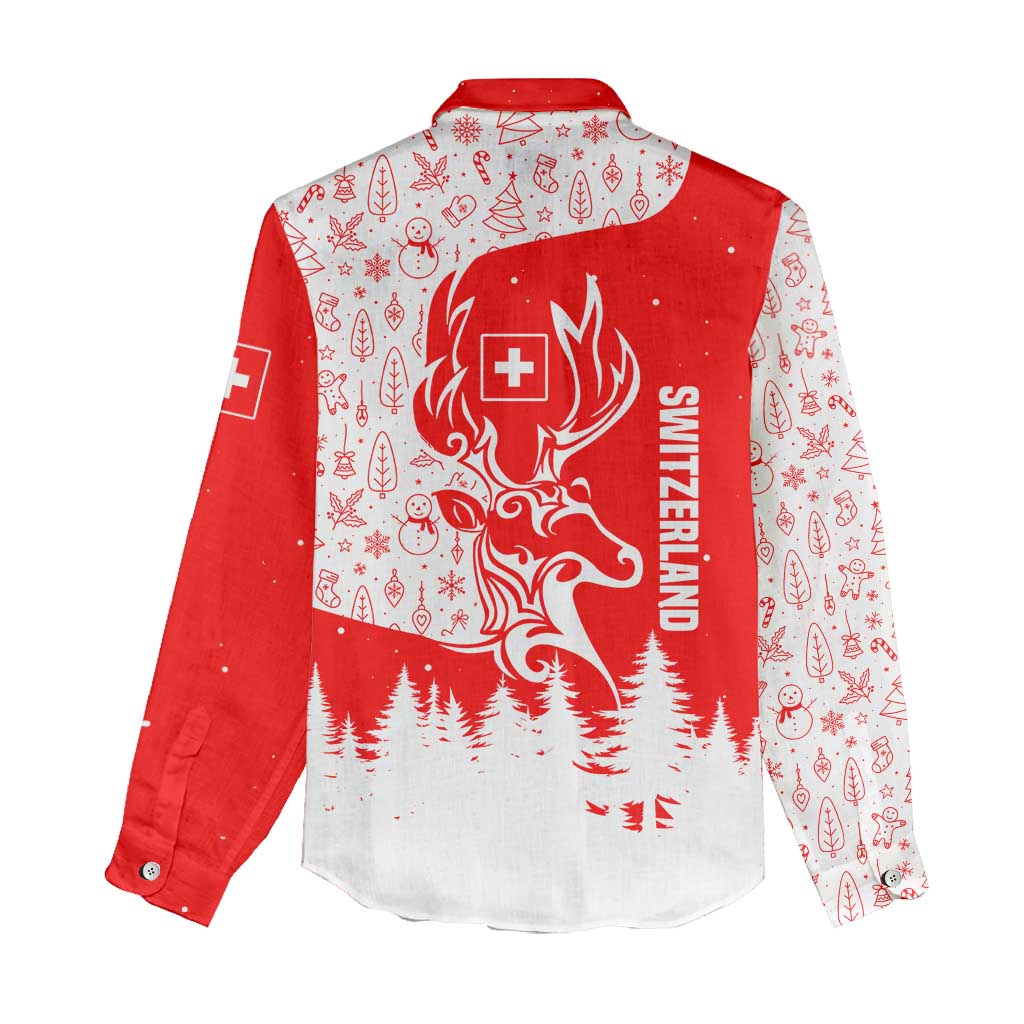 Switzerland Christmas Women Casual Shirt with Red Reindeer Snow Forest and Holiday Icon - Wonder Print Shop