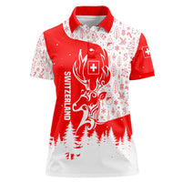 Switzerland Christmas Women Polo Shirt with Red Reindeer Snow Forest and Holiday Icon - Wonder Print Shop