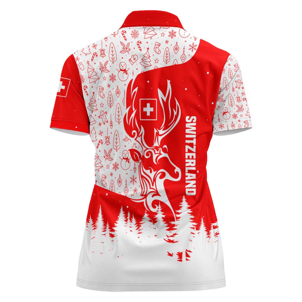 Switzerland Christmas Women Polo Shirt with Red Reindeer Snow Forest and Holiday Icon - Wonder Print Shop