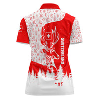 Switzerland Christmas Women Polo Shirt with Red Reindeer Snow Forest and Holiday Icon - Wonder Print Shop