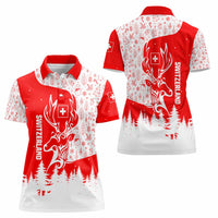 Switzerland Christmas Women Polo Shirt with Red Reindeer Snow Forest and Holiday Icon - Wonder Print Shop