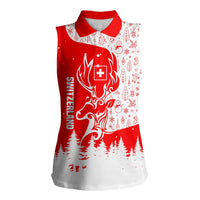 Switzerland Christmas Women Sleeveless Polo Shirt with Red Reindeer Snow Forest and Holiday Icon - Wonder Print Shop