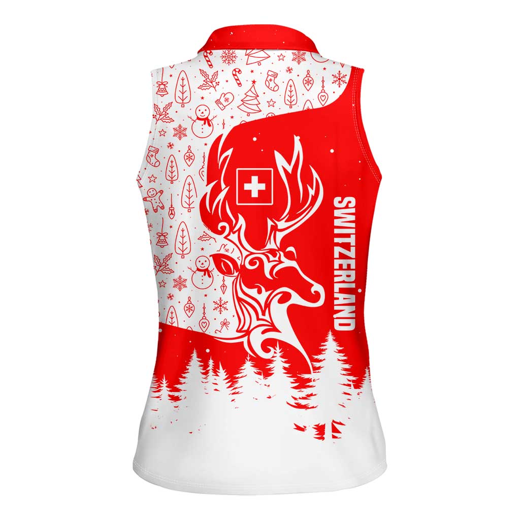 Switzerland Christmas Women Sleeveless Polo Shirt with Red Reindeer Snow Forest and Holiday Icon - Wonder Print Shop