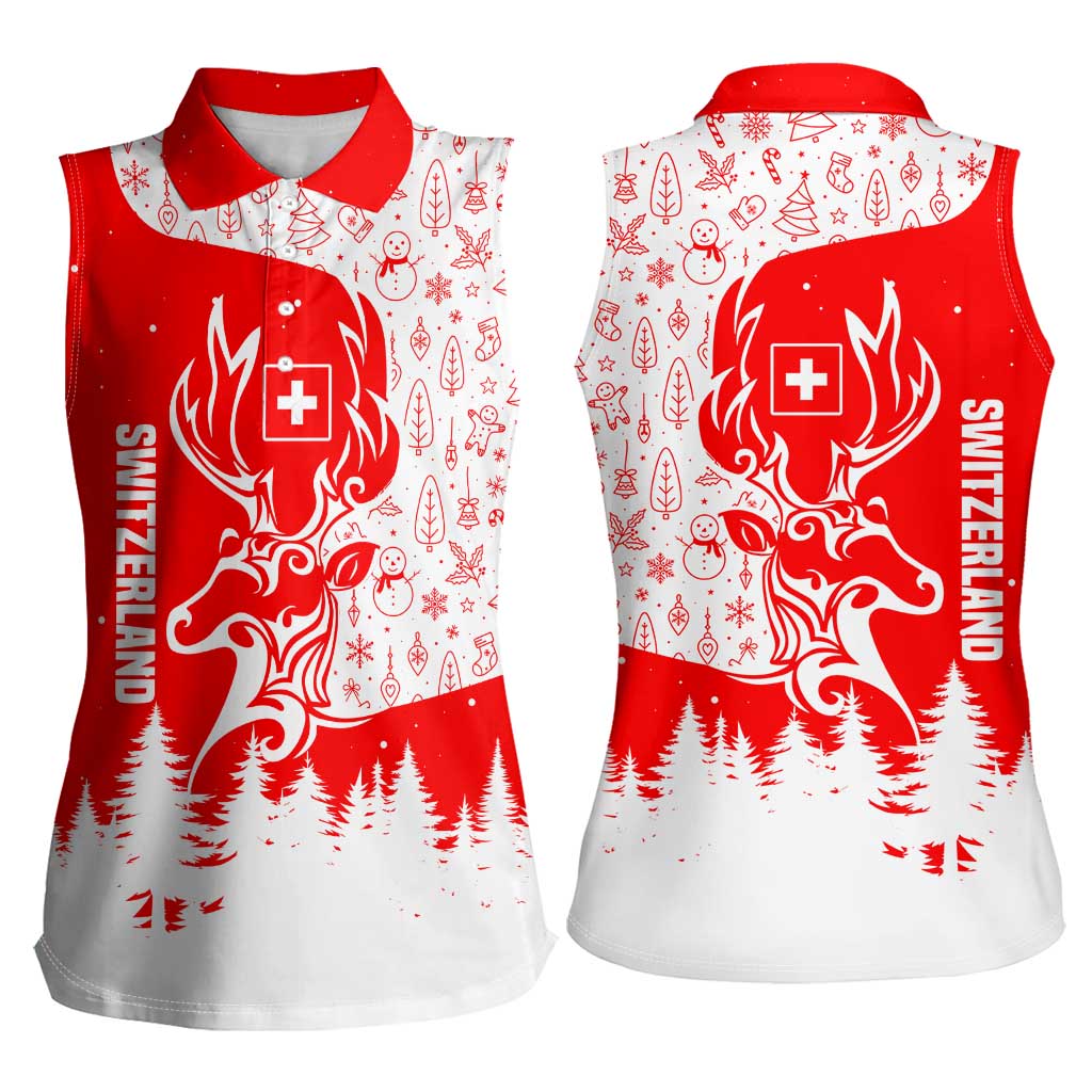 Switzerland Christmas Women Sleeveless Polo Shirt with Red Reindeer Snow Forest and Holiday Icon - Wonder Print Shop